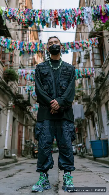 Young man in street wearing urban clothes in a colorful alley