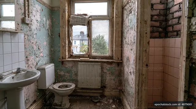 Old, neglected bathroom with peeling paint and damaged tiles