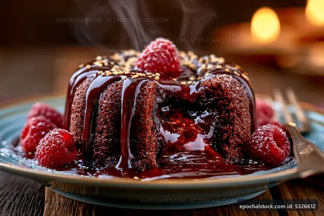 Chocolate lava cake with raspberries on a plate