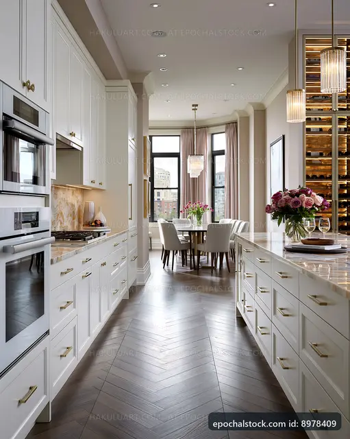 Modern kitchen with dining area and wine storage