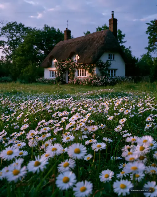 Cottage surrounded by flowers on a quiet evening