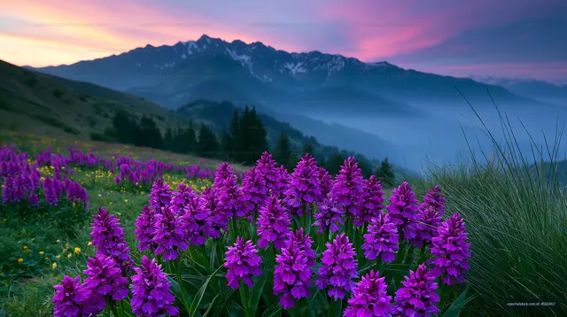 Vibrant purple flowers in a mountain landscape at sunset
