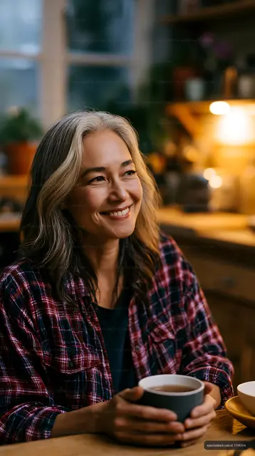 Woman smiling while holding a cup in a cozy kitchen