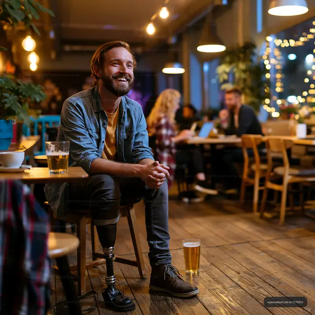 Man with prosthetic leg sitting in modern cafe with drink