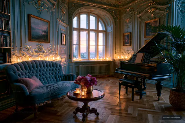 Elegant room with piano, soft lighting and vintage decor