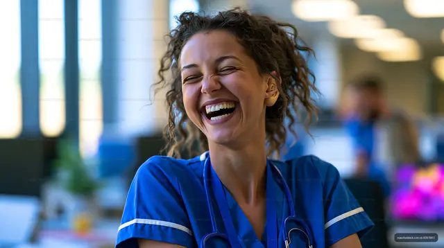 Healthcare worker smiling in a busy medical office