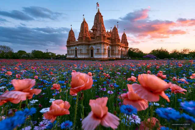 Temple surrounded by colorful flowers at sunset