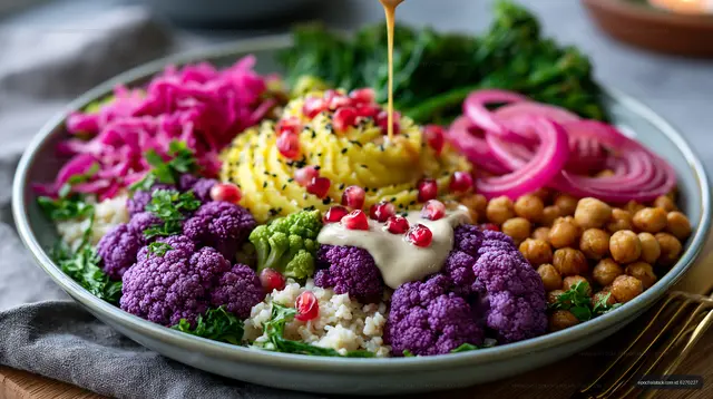 Colorful vegetable platter with sauces and garnishes