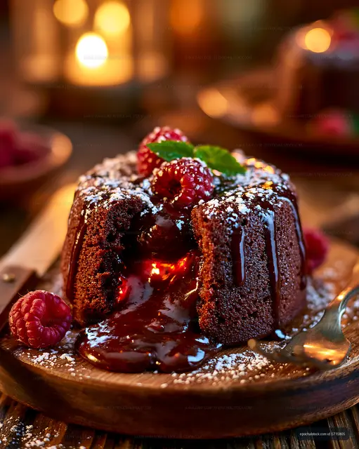 Chocolate lava cake with raspberries and mint on a wooden table