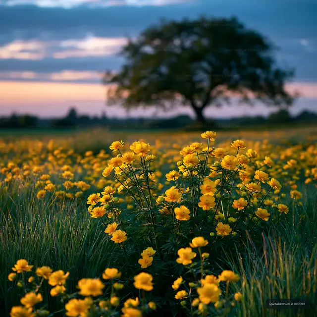 Yellow flowers in a field at sunset with trees in the background