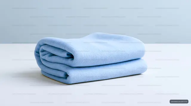 Soft blue towel neatly folded on a clean surface