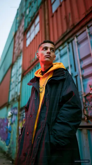 Young man in a hooded jacket poses near colorful shipping containers
