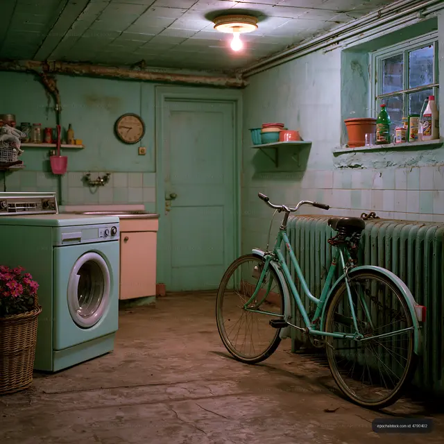 Old laundry room with bicycle and washing machine in a vintage setting