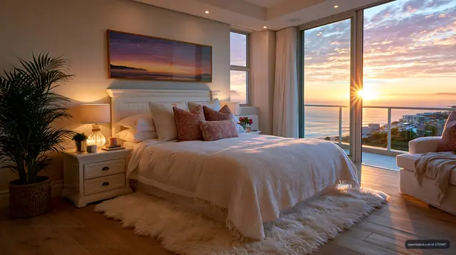 Modern bedroom with sunset view and soft lighting