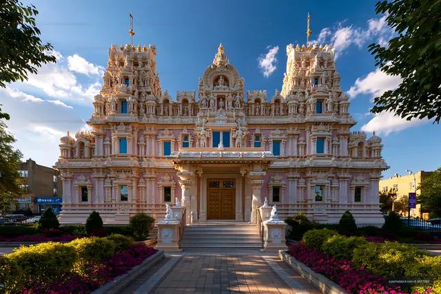 Hindu temple with intricate design and clear blue skies