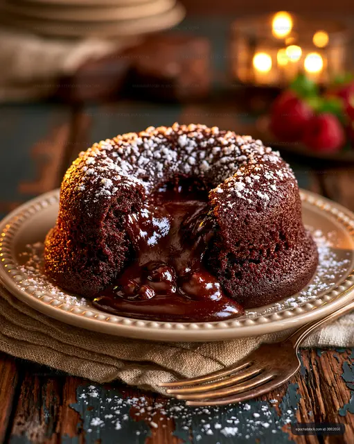Chocolate molten lava cake on a wooden table with candles