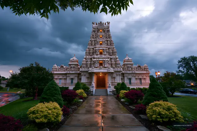 Hindu temple stands under dark clouds before a rainstorm