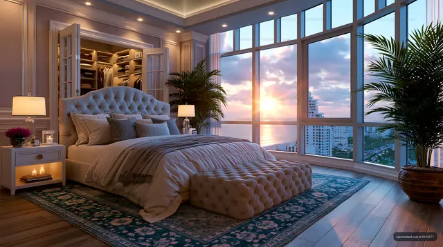 Stylish bedroom with large windows and sunset view