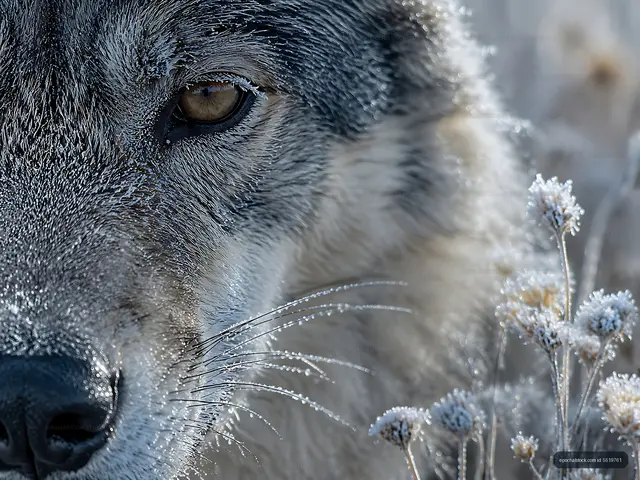 Wolf close-up in snowy setting with frozen vegetation