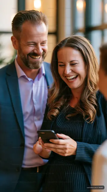 Two professionals smiling and sharing a moment with a smartphone