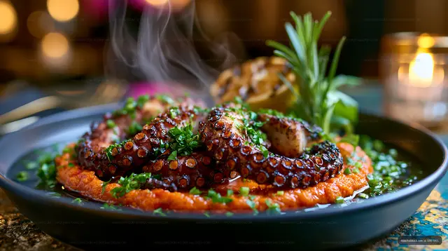 Grilled octopus served on a plate with vegetables and sauce