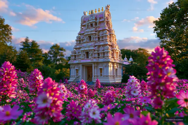 Temple surrounded by pink flowers at sunset