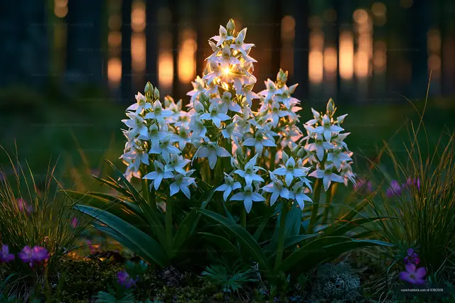 White flowers bloom in a forest during sunset