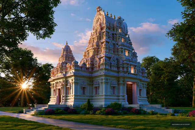 Sunlight shines on a temple surrounded by trees and flowers