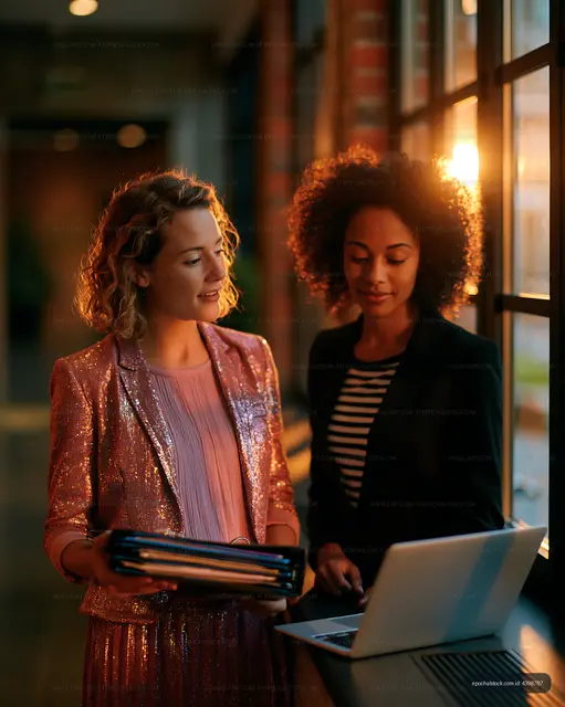 Business women discussing work in an office during sunset