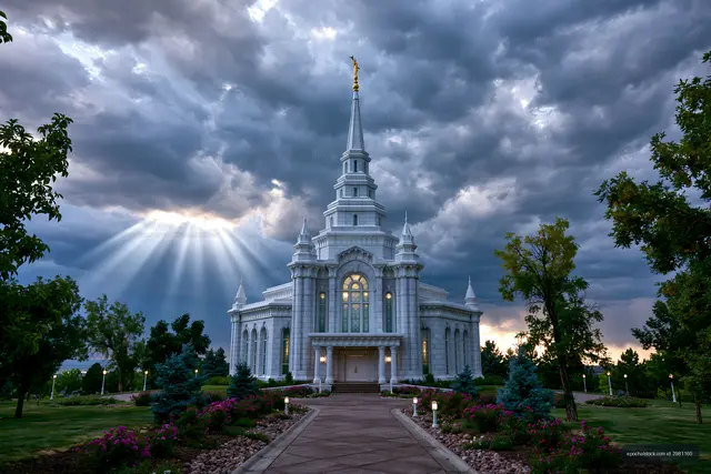 Beautiful temple with dramatic clouds and sunlight in background