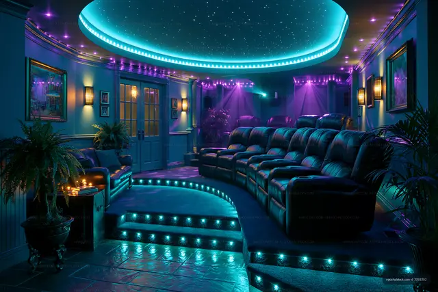 Modern home theater with starry ceiling and vibrant lights