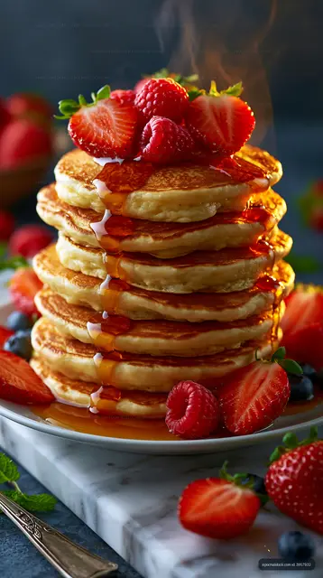Stack of pancakes with syrup and fresh berries on a plate