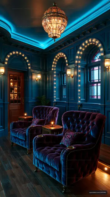 Cozy seating area with vintage chairs in a blue room