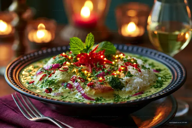 Delicious curry dish served with rice and fresh herbs