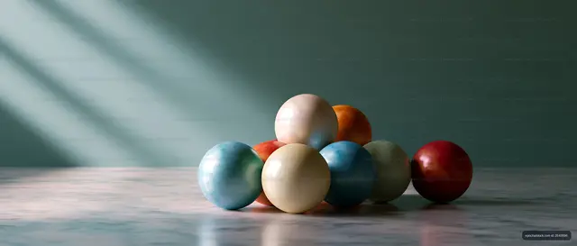 Colorful spheres arranged on a marble surface with soft shadows