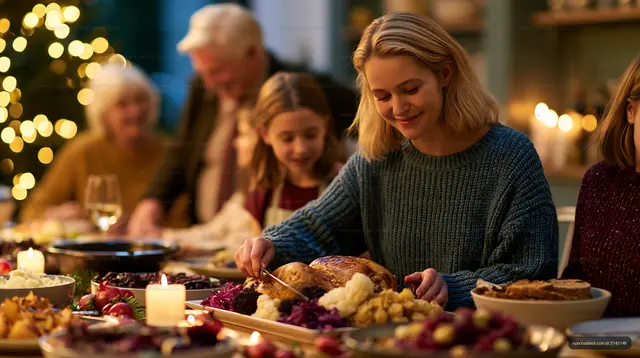 Family gathering during holiday meal preparation