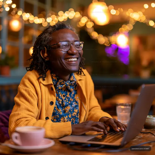 Man working on laptop in cafe with warm lighting