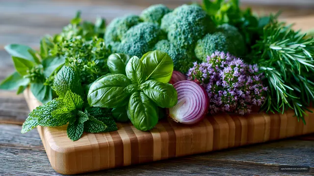 Fresh herbs and vegetables on a wooden cutting board