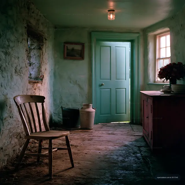 Rustic hallway with wooden chair and green door in old house