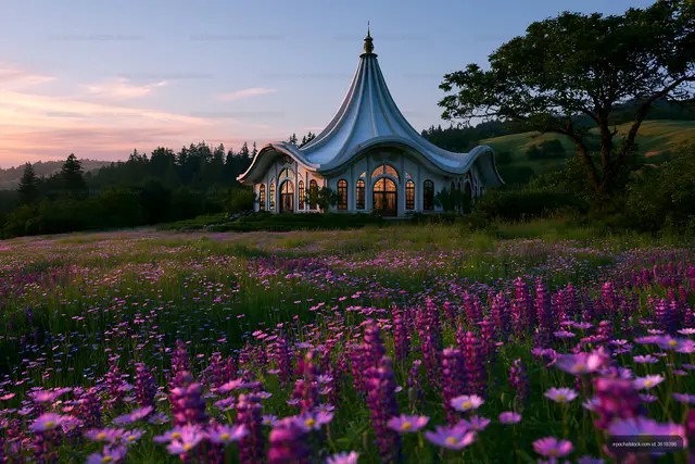 Sunset over a unique building surrounded by flowers in a field