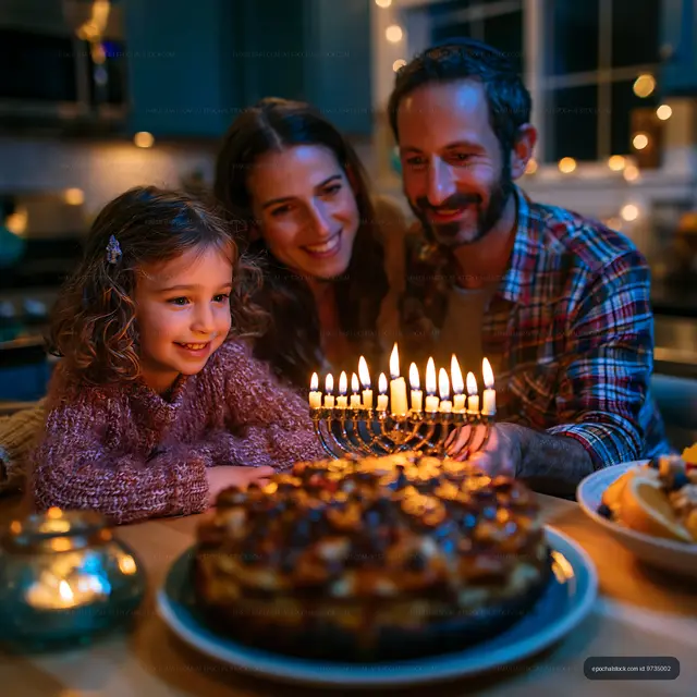 Family celebrates Hanukkah with menorah and cake at home
