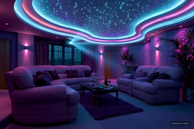 Modern living room with colorful lights and cozy seating