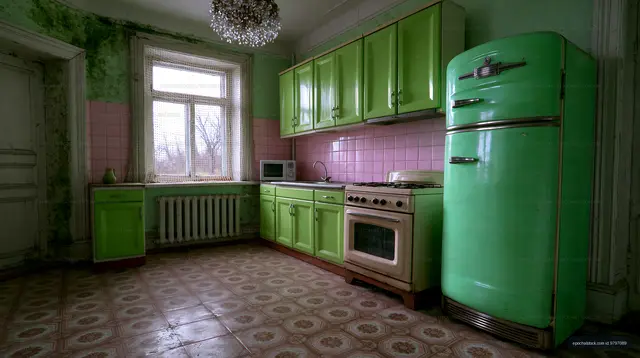 Old kitchen with green cabinets and vintage appliances