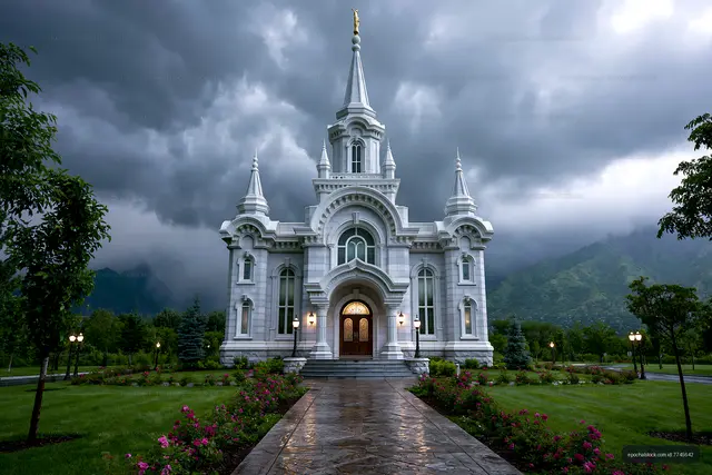 Cloudy sky over a white building with intricate design
