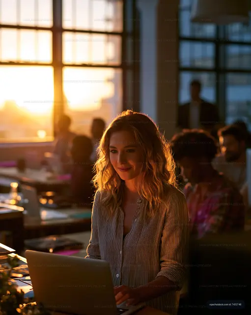 Woman working on laptop during sunset in an office setting