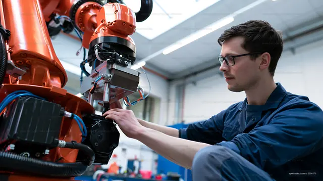 Engineer working on robotic arm in manufacturing facility