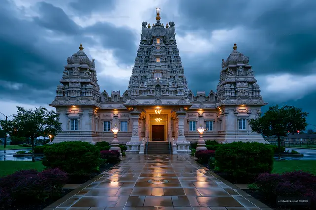 Beautiful temple under cloudy sky at twilight