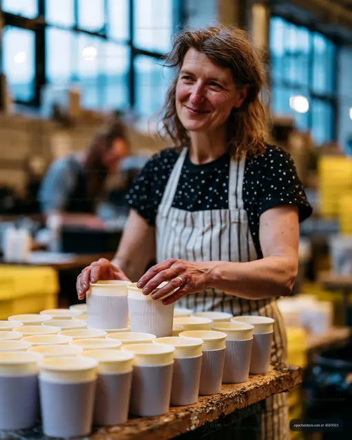Woman arranging paper coffee cups in a cafe