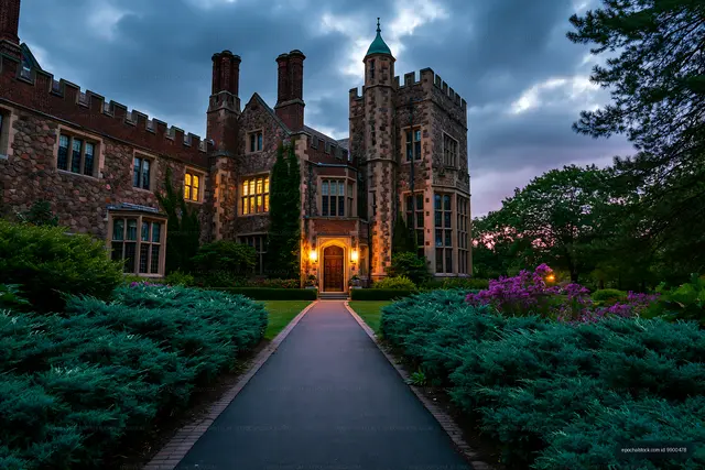 Historic stone mansion surrounded by gardens at dusk