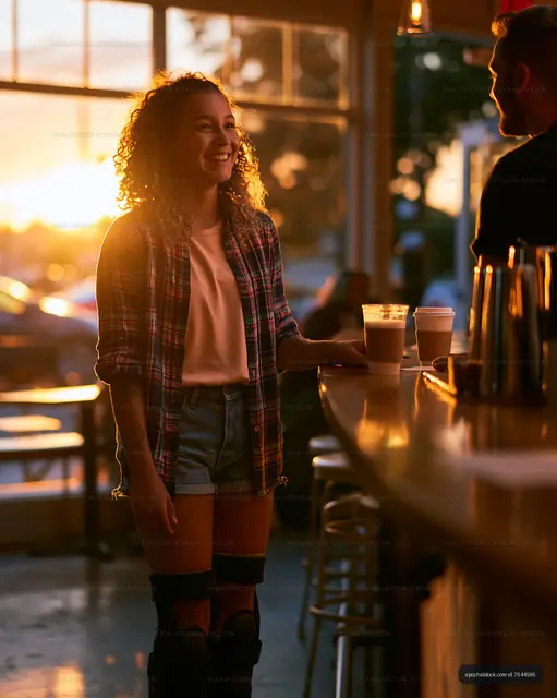 Woman smiles at barista during sunset at a cafe